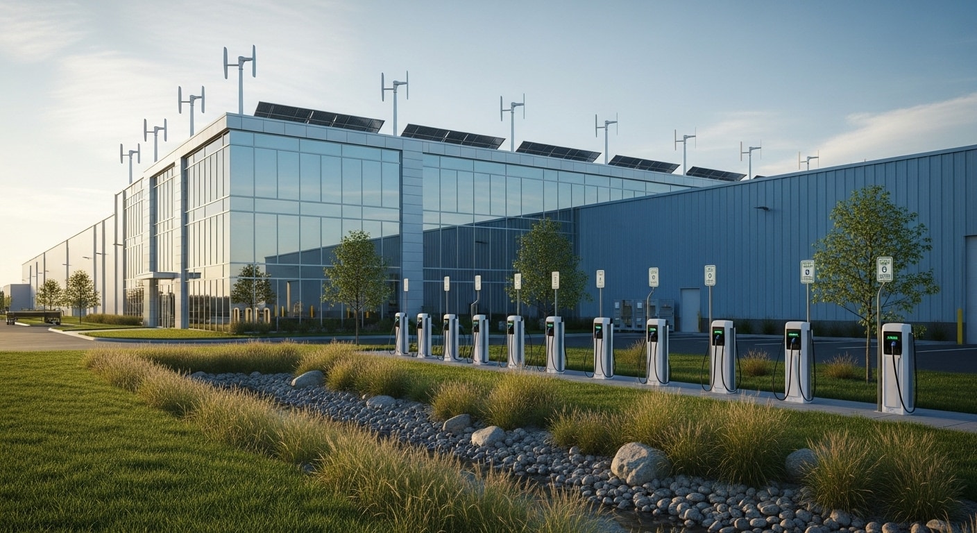 Image of a commercial unit with electric vehicle charging points to represent the Sustainability Assessment Product